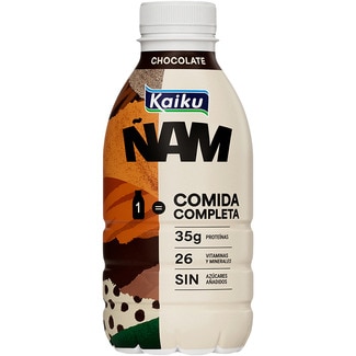 KAIKU ÑAM chocolate 1 = comida completa 35g proteínas 26 vitaminas y minerales botella 500 ml sin azúcares añadidos