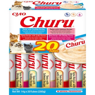 CHURU Snack für ausgewachsene Katzen Thunfisch-Sorten mit Meeresfrüchten 20 Behälter 14 g