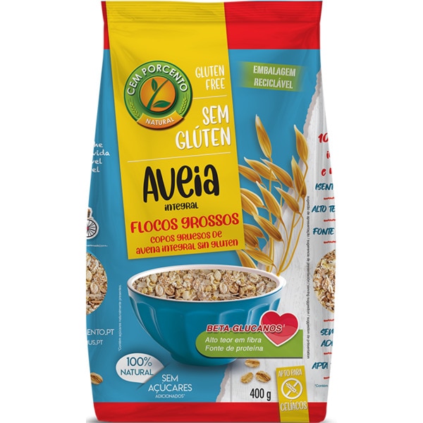 Cem Porcento Flocos de Aveia Grossos Integrais sem Glúten, 400g