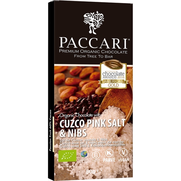chocolate negro ecológico con sal de Cuzco rosada y habas de cacao vegano tableta 50 g