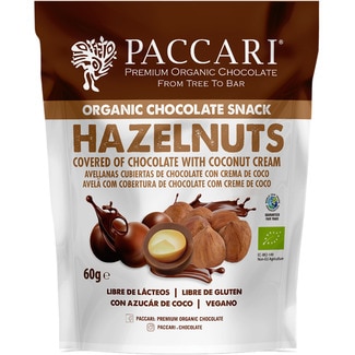 PACARI Haselnüsse mit Schokoladenüberzug und Bio-Kokosnusscreme, glutenfrei und laktosefrei Tasche 60 g mit Kokosnusszucker