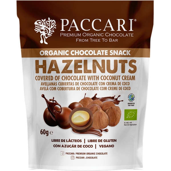 Haselnüsse mit Schokoladenüberzug und Bio-Kokosnusscreme, glutenfrei und laktosefrei Tasche 60 g mit Kokoszucker und vegan
