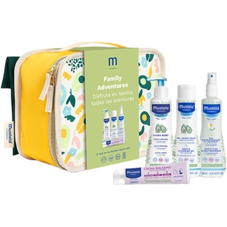 MUSTELA maletita Family Adventures contiene leche corporal 300ml, gel de baño 200ml, agua para peinar 200ml y crema bálsamo 50ml