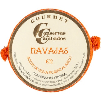 CONSERVAS DE CAMBADOS navajas en aceite de oliva picante al ajillo Gourmet lata 111 g neto escurrido