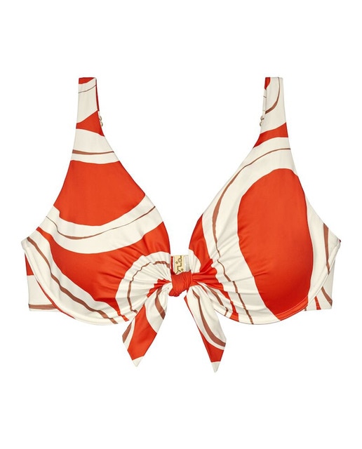 Sujetador de bikini con aros, tirantes ajustables y nudo central.