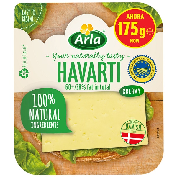 dänischer Havarti-Kuhmilchkäse g.g.A. in Scheiben Behälter 175 g aus pasteurisierter Milch