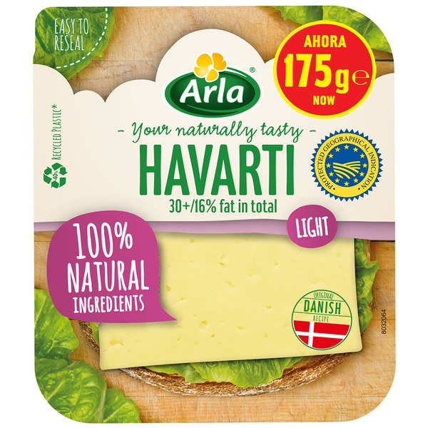 leichter dänischer Havarti-Käse aus Kuhmilch g.g.A. in Scheiben Behälter 175 g aus pasteurisierter Milch