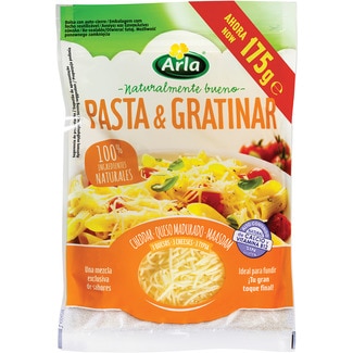 ARLA queso rallado 3 quesos cheddar, queso madurado y maasdam de vaca para pasta y gratinar bolsa 175 g elaborados con leche pasteurizada