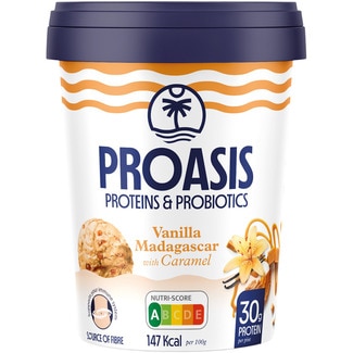 PROASIS helado proteico y con probióticos vainilla de madagascar con caramelo tarrina 375 g