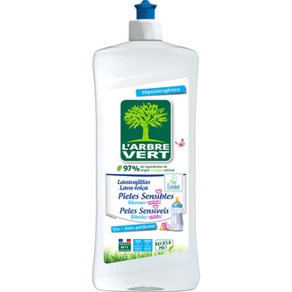 L'ARBRE VERT lavavajillas a mano diluido hipoalergénico ideal para pieles sensibles sin colorantes botella 750 ml sin perfumes, también para biberones