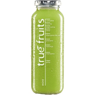 TRUE FRUITS smoothie menta botella 250 ml menta, espirulina, lima, manzana de cajú, plátano, naranja, manzana y piña