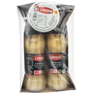 LODOSA lote de espárragos blancos extra IGP de Navarra gruesos 9-12 piezas pack 2 frasco 205 g neto escurrido + pimientos del piquillo DOP de Lodosa frasco 200 g neto escurrido
