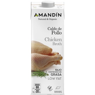 AMANDIN caldo de pollo ecológico y sin gluten, bajo en grasa envase 1 l