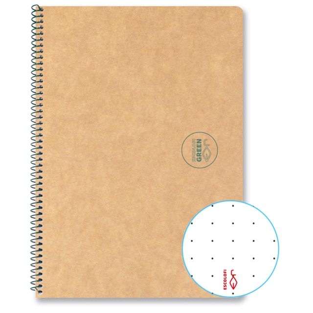 cuaderno espiral reciclado ecológico 100 hojas 80 gr Din A5 dots Escolafi Kraft.