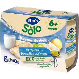 HERO SOLO Buenas Noches tarritos de verdura con pescadilla a la crema desde 6 meses pack 2 envases 190 g sin gluten