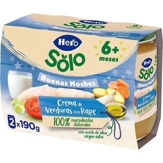 HERO BABY Buenas Noches tarritos de crema de verduras con rape sin gluten desde 8 meses pack 2 envases 190 g