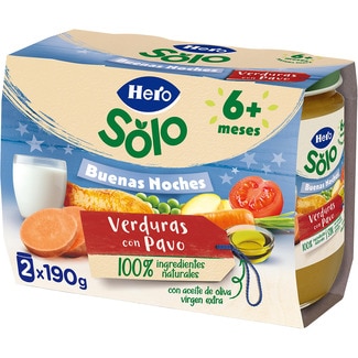 HERO SOLO Buenas Noches tarritos de verduras con pavo sin gluten desde 6 meses pack 2 envases 190 g