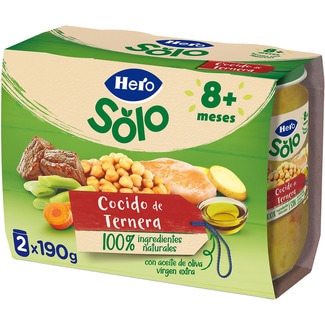 HERO SOLO tarritos de cocido de ternera sin gluten desde 8 meses pack 2 envases 190 g