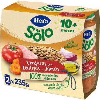 HERO BABY tarritos de verduras con lentejas y jamón con trocitos desde 10 meses pack 2 envases 235 g
