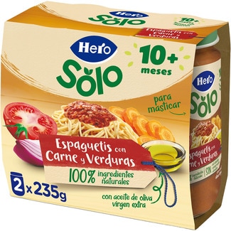 HERO BABY tarritos de espagueti con carne y verduras con trocitos desde 10 meses pack 2 envases 235 g