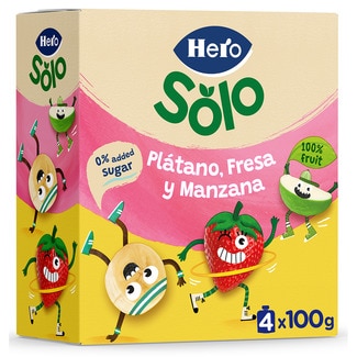 HERO ¡Mi fruta! bolsitas de plátano, fresa y manzana sin gluten desde 12 meses pack 4 bolsitas 100 g