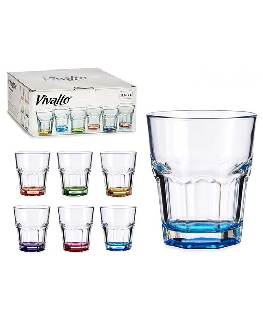Set de 6 vasos de vidrio con base coloreada. Surtido 6 colores. 285 ml de capacidad.