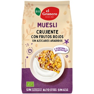 EL GRANERO Bio muesli crujiente con ecológico con frutos rojos sin azúcares añadidos envase 200 g