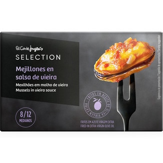 EL CORTE INGLES SELECTION mejillones en salsa vieira medianos 8-12 piezas lata 69 g neto escurrido