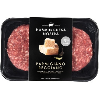 HAMBURGUESA NOSTRA Parmigiano burger meat de vacuno con queso Parmigiano Reggiano DOP hehas a mano 2 unidades bandeja 300 g sin gluten