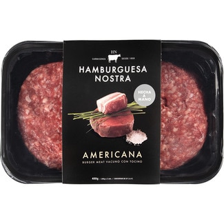 HAMBURGUESA NOSTRA Americana burger meat de vacuno con tocino ibérico hechas a mano sin gluten 2 unidades bandeja 400 g