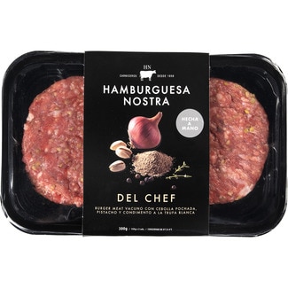 HAMBURGUESA NOSTRA Del Chef burger meat 2 unidades hechas a mano sin gluten bandeja 300 g con carne de vacuno, cebolla pochada, pistacho y condimento a la trufa blanca