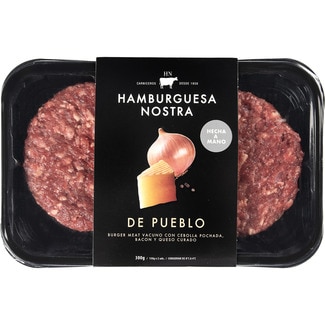 HAMBURGUESA NOSTRA De Pueblo burger meat con carne de vacuno hechas a mano sin gluten 2 unidades bandeja 300 g con cebolla pochada, bacon ahumado y queso curado