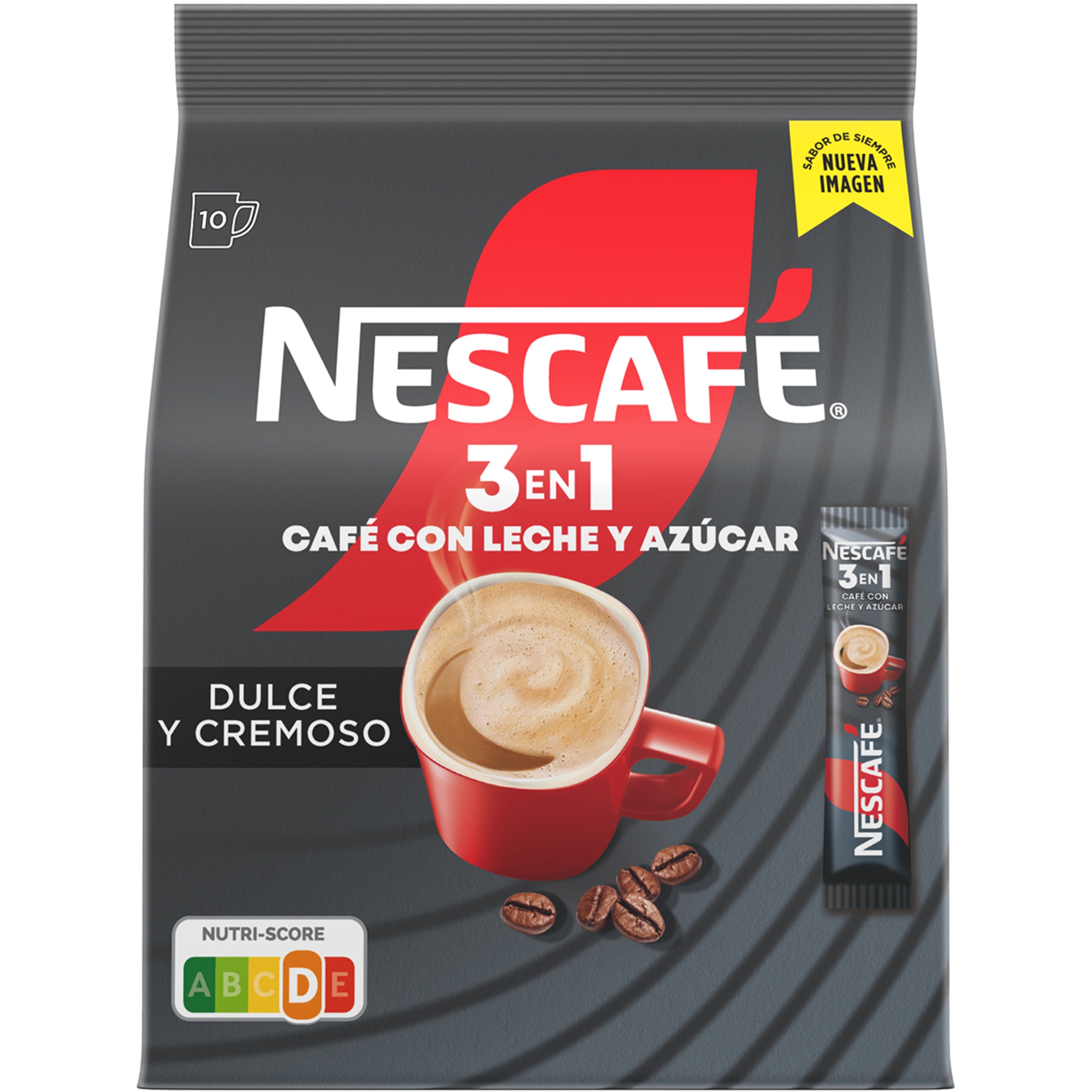 café soluble 3 en 1 con leche y azúcar 10 sobres