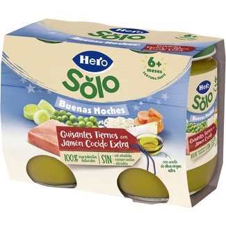 HERO SOLO Buenas Noches tarritos de guisantes tiernos con jamón cocido extra sin gluten pack 2 envases 190 g desde 6 meses