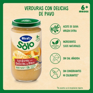 Tarrito de verduritas con delicias de pavo sin gluten desde 6 meses envase 235 g - Hero Solo