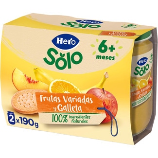 HERO SOLO Merienda tarritos de frutas variadas y galleta desde 6 meses pack 2 envases 190 g