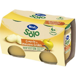 HERO SOLO tarritos de compota de manzana golden sin gluten y sin azúcar añadido desde 4 meses pack 2 envases 120 g