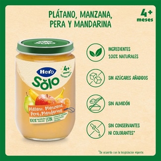 Plátano, manzana, pera y mandarina sin gluten desde 4 meses tarrito 190 g sin azúcar añadido 100% ingredientes naturales - Hero Solo