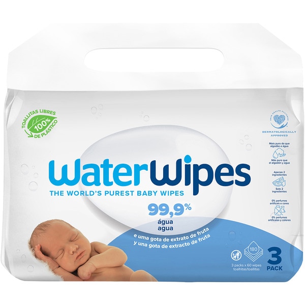 Baby-Feuchttücher 99,9% Wasser und ein Tropfen Fruchtextrakt Box 3 Packungen mit 60 Stück