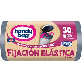 HANDY BAG bolsas de basura reciclada Fijación Elástica 55x63 30 litros para cubo cocina normal rollo 12 unidades
