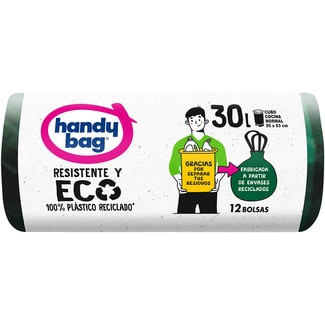 HANDY BAG bolsas de basura resistente y eco 100% plástico reciclado 55x63 cm 30 litros rollo 12 unidades para cubo normal