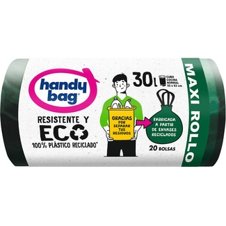 HANDY BAG bolsas de basura reciclada resistente y eco 95% plástico reciclado 55x63 30 litros rollo 20 unidades para cubo cocina normal