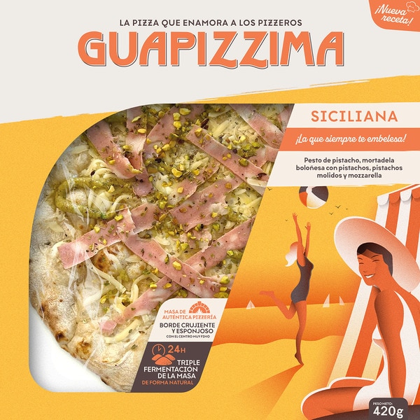 Pizza Sizilien mit Pistazien-Pesto, Mortadella Bolognese mit Pistazien Behälter 400 g gemahlene Pistazien und Mozzarella