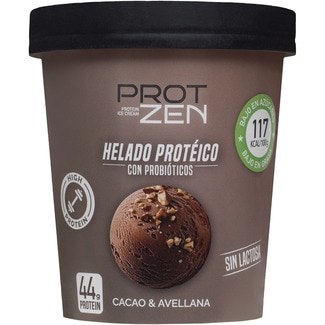 PROTZEN helado proteico con probióticos sabor cacao y avellana sin lactosa bajo en azúcar y grasa tarrina 460 ml