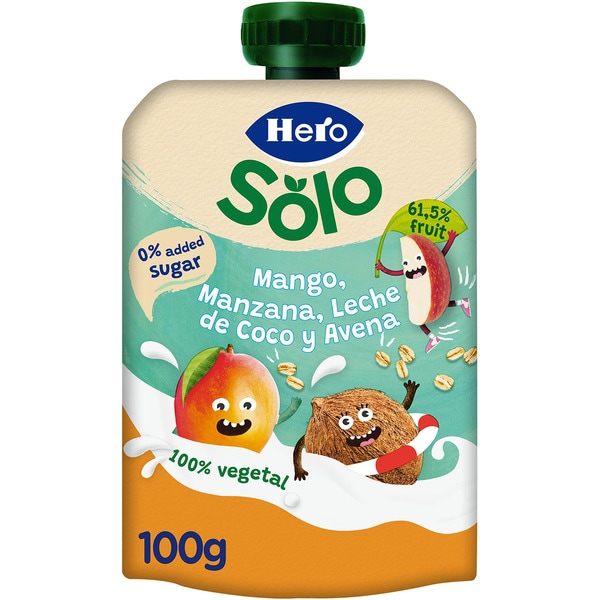 Beutel mit Mango, Apfel, Kokosnussmilch und Hafer 100% pflanzlich laktosefrei Einheit 100 g und ohne Zuckerzusatz