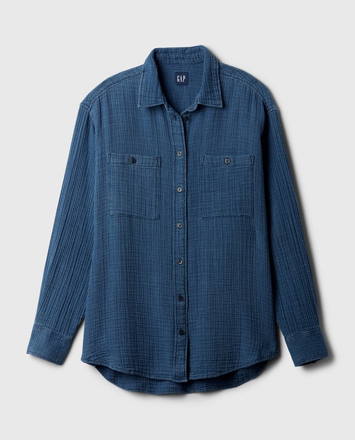 Camisa de mujer denim con cuello camisero y bolsillos delanteros de plastrón