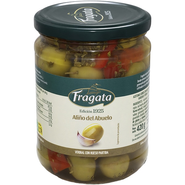 Green olives with stones and grandfather dressing flask 250 drained weight g