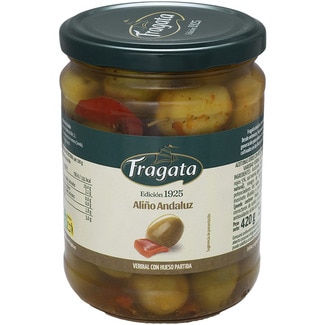 FRAGATA aceitunas verdes con hueso aliño andaluz verdial partida frasco 250 g neto escurrido