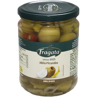FRAGATA aceitunas gordal sin hueso aliño picantina frasco 200 g neto escurrido