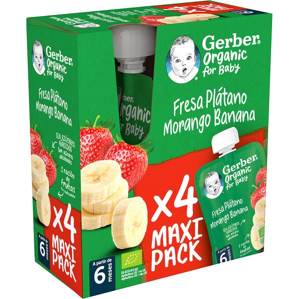 organic strawberry and banana with no added sugar for 6+ months 4-pack sachets 90 g